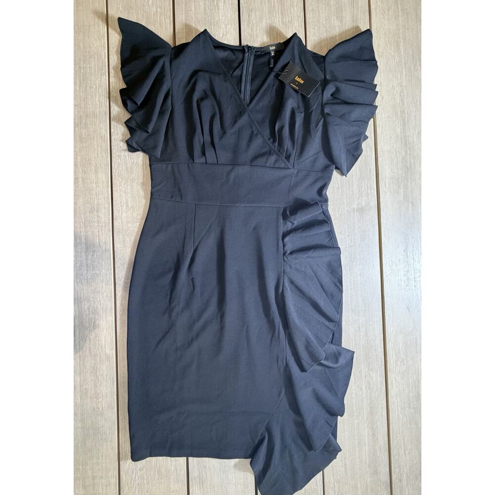 Knitee Women’s 2XL Black Deep V-neck Ruffle Sleeve Cocktail Party Pencil Dress‎ - Picture 4 of 14